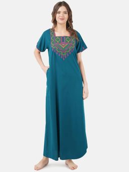 KOI SLEEPWEAR - Teal Embroidered A-Line Night Dress