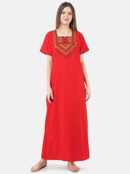 KOI SLEEPWEAR - Red Embroidered A-Line Night Dress
