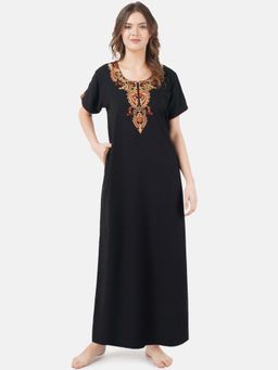 KOI SLEEPWEAR - Black Embroidered A-Line Night Dress