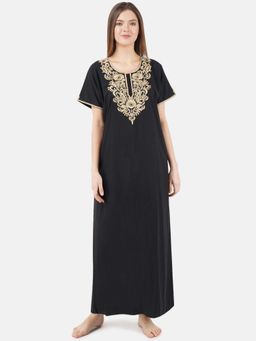 KOI SLEEPWEAR - Black Embroidered A-Line Night Dress