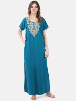 KOI SLEEPWEAR - Teal Embroidered A-Line Night Dress