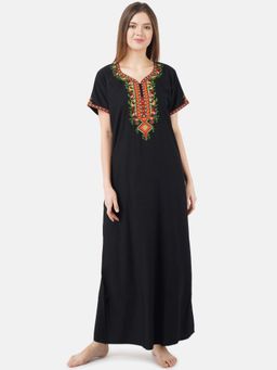 KOI SLEEPWEAR - Black Embroidered A-Line Night Dress