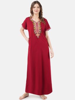 KOI SLEEPWEAR - Maroon Embroidered A-Line Night Dress