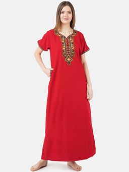 KOI SLEEPWEAR - Red Embroidered A-Line Night Dress