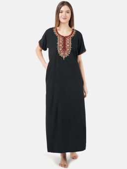 KOI SLEEPWEAR - Black Embroidered A-Line Night Dress