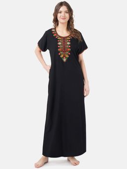 KOI SLEEPWEAR - Black Embroidered A-Line Night Dress