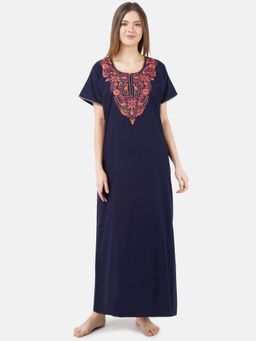 KOI SLEEPWEAR - Navy Blue Embroidered A-Line Night Dress