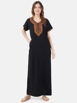 KOI SLEEPWEAR - Black Embroidered A-Line Night Dress