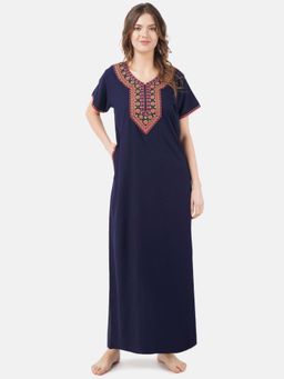 KOI SLEEPWEAR - Navy Blue Embroidered A-Line Night Dress