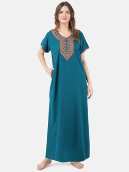 KOI SLEEPWEAR - Teal Embroidered A-Line Night Dress