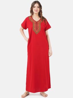 KOI SLEEPWEAR - Red Embroidered A-Line Night Dress