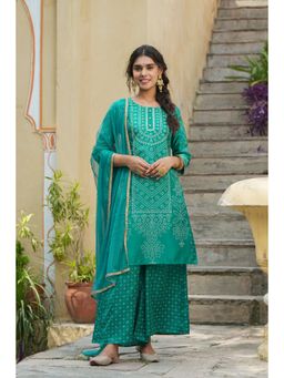 Juniper - Teal Bandhani Printed Shantoon Kurta Palazzo & Net Dupatta Set with Lace & Beads Work