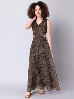 FabAlley - Brown Polka Waist Cut Out Dress