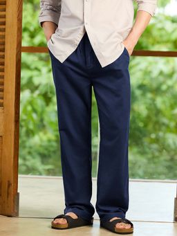 Bewakoof - Men's Navy Blue Straight Fit Cotton Linen Pants