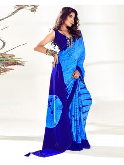 SANSKAR - Blue Shibori Crepe Printed Tasselled Saree with Unstitched Blouse