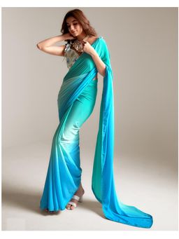 SANSKAR - Turquoise Blue Ombre Padding Crepe Embroidered Border Saree with Unstitched Blouse