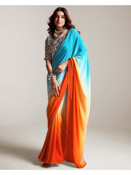 SANSKAR - Blue Ombre Crepe Padding Bollywood Style Saree with Unstitched Blouse