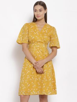 Ayrolane - Mustard Printed Printed V Neck Fit Dress