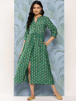 Libas - Green Silk Blend All-Over Floral Printed Midi Dress