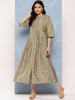 Libas - Green Silk Blend Floral Printed with Midi Dress