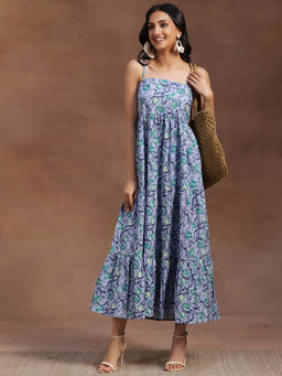 Libas - Blue Floral Printed Cotton Maxi Dress with Panelled Style & A Pocket