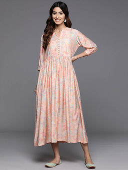 Libas - Peach Floral Printed Silk Blend Midi Dress with A Pocket & Front Slit