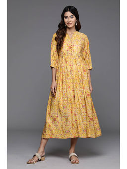 Libas - Yellow Floral Printed Midi Dress with A Flared Style & Pocket with A Front Slit