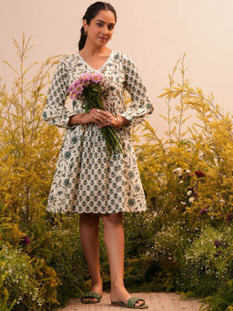 Libas - Beige Floral Printed Cotton Blend Knee Length Dress with A Panelled Style & Laces