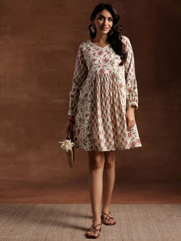 Libas - Beige Floral Printed Cotton Blend Mini Dress with A Panelled Style & Laces