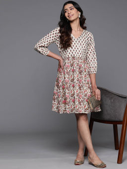 Libas - Beige Floral Printed Cotton Mini Dress with A Pleated Style & Gotta Patti Detail