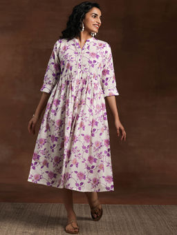 Libas - Purple Floral Printed Fit & Flare Pleated Midi Dress