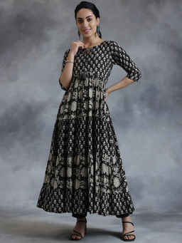 Libas - Black Floral Printed Cotton Pleated Panelled Maxi Dress