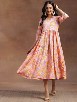 Libas - Pink Floral Printed Fit & Flared Panelled Midi Dress
