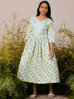 Libas - Teal Floral Printed Midi Dress with Embroidered Yoke & Pleated Style with Pocket