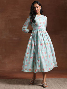 Libas - Sea Green Floral Printed Flared Midi Dress with Waist Belt (Set of 2)