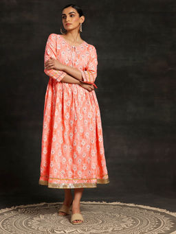 Libas - Peach Floral Printed Flared Zari & Gotta Patti Midi Dress