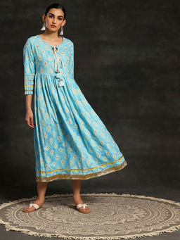 Libas - Turquoise Floral Printed Flared Zari & Gotta Patti Midi Dress