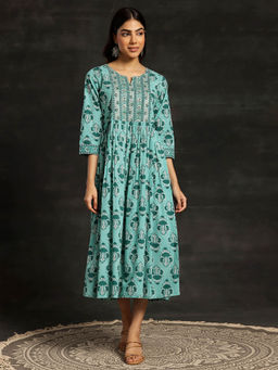 Libas - Sea Green Floral Printed Flared Zari Midi Dress