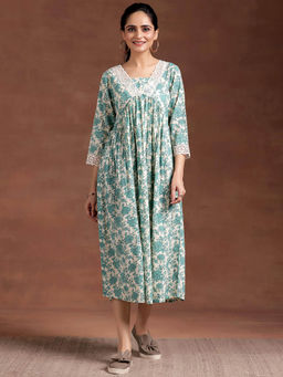 Libas - Teal Floral Printed A-Line Midi Dress