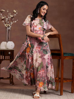 Libas - Mauve Floral Printed Flared Chiffon Maxi Dress with Attached Waistbelt