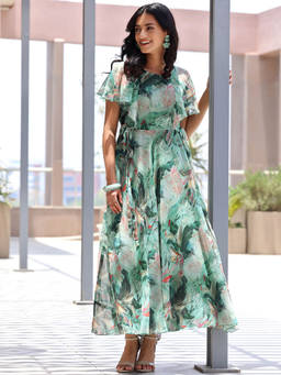 Libas - Green Floral Printed Flared Chiffon Maxi Dress with Attached Waistbelt