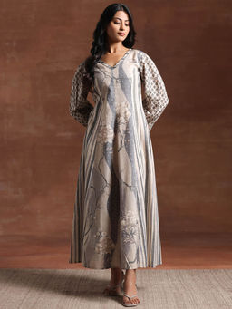 Libas - Off White Floral Printed Panelled A-Line Maxi Dress