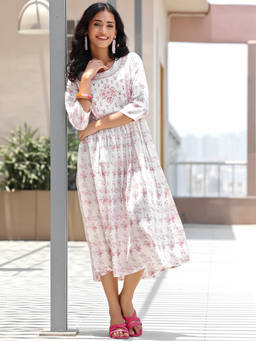 Libas - Off White Pink Floral Printed Fit & Flared Midi Dress with Embroidered Yoke