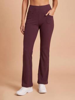 Clovia - Side Pockets Purple High Waist Ribbed Flared Active Pant