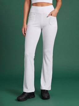 Clovia - Side Pockets White High Waist Ribbed Flared Active Pant