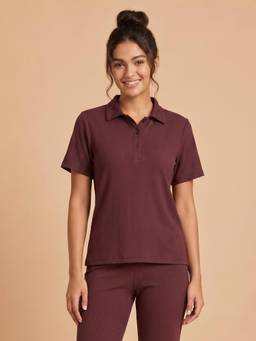 Clovia - Purple Ribbed Active Polo T-Shirt