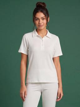 Clovia - White Ribbed Active Polo T-Shirt