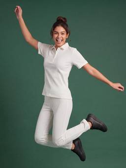 Clovia - White Ribbed Active Polo T-Shirt with High Waist Flared Pant