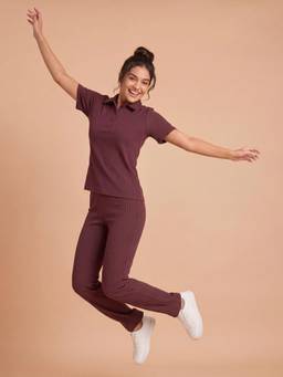 Clovia - Purple Ribbed Active Polo T-Shirt with High Waist Flared Pant