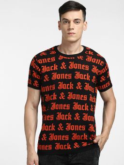Jack & Jones - BLACK LOGO PRINT KNIT CREW NECK T-SHIRT